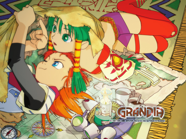 1boy, 1girl, 90s, blue_eyes, candle, carpet, compass, cropped, cropped_image, cup, feena_(grandia), game_arts, grandia, grandia_i, green_eyes, green_hair, hair_tubes, hat, hat_removed, headwear_removed, hontani_toshiaki, justin_(grandia), lying, map, miniskirt, official_art, on_back, on_stomach, one_eye_closed, orange_hair, pointing, redhead, skirt, striped, striped_legwear, teacup, tent, thigh-highs, wallpaper, wink