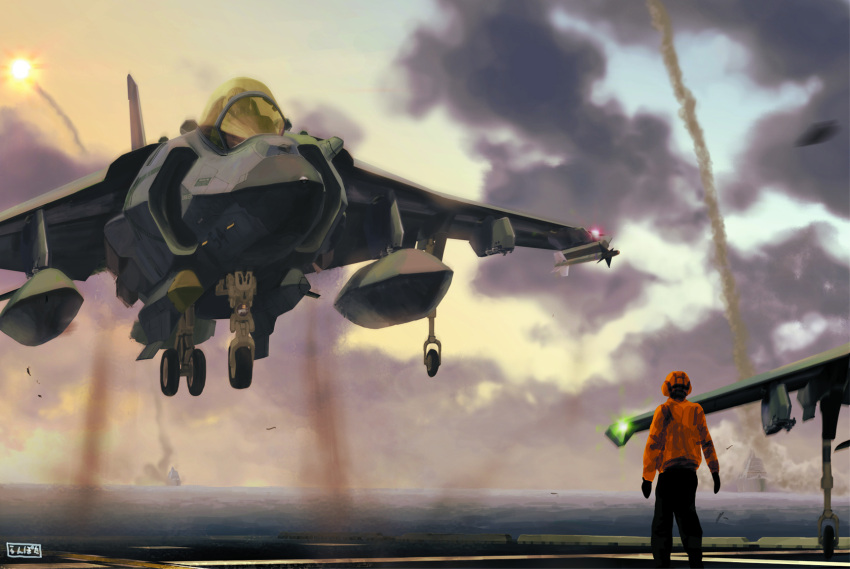 1boy, aircraft, aircraft_carrier, airplane, bomb, clouds, cloudy_sky, drop_tank