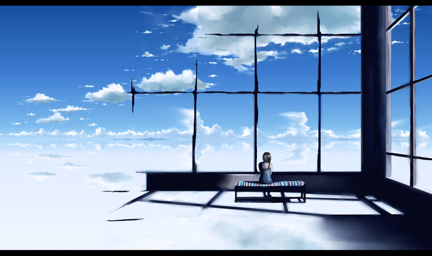 1girl, black_hair, long_hair, megatruh, original, sitting, sky, solo
