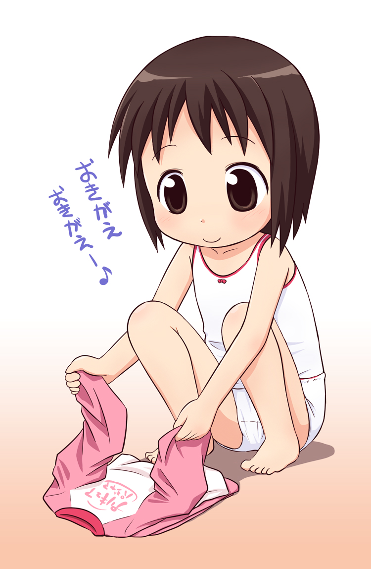 1girl, bad_id, barefoot, brown_eyes, brown_hair, child, clothes, feet, female, michael_(mikatsuu), mika-shi, pajamas, panties, short_hair, smile, solo, tank_top, toes, translated, underwear