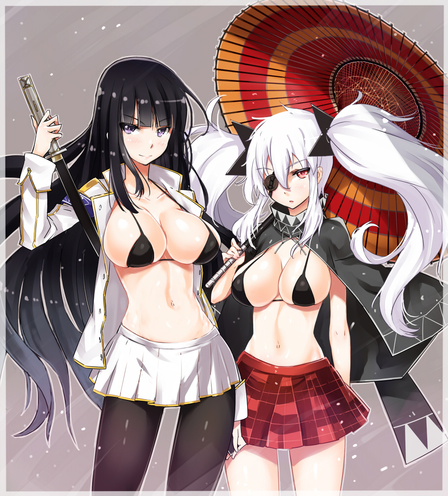 2girls, bikini_top, black_hair, black_legwear, blush, bow, breasts, cleavage