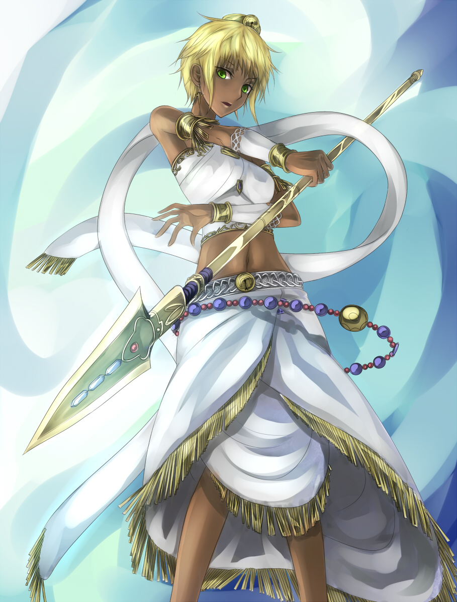 1girl, armband, blonde_hair, dark_skin, duel_monster, earrings, female, gradient