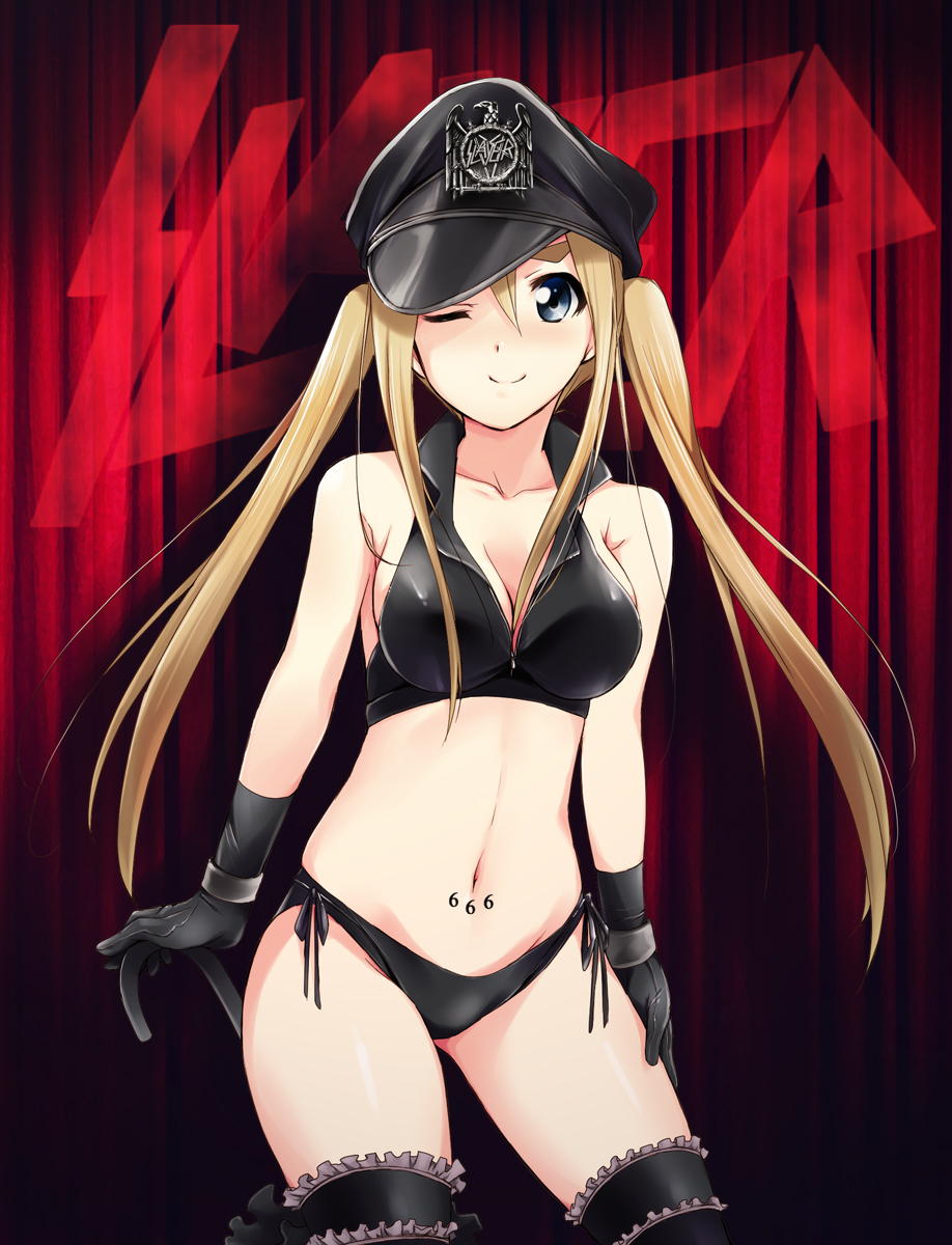 1girl, black_gloves, black_legwear, black_panties, blonde_hair, blue_eyes, breasts, cane, cleavage, eyebrows, garters, gloves, hat, highres, k-on!, kaiga, kotobuki_tsumugi, leather, long_hair, looking_at_viewer, one_eye_closed, panties, peaked_cap, side-tie_panties, slayer_(band), smile, solo, tattoo, thick_eyebrows, thigh-highs, twintails, umbrella, underwear, wink