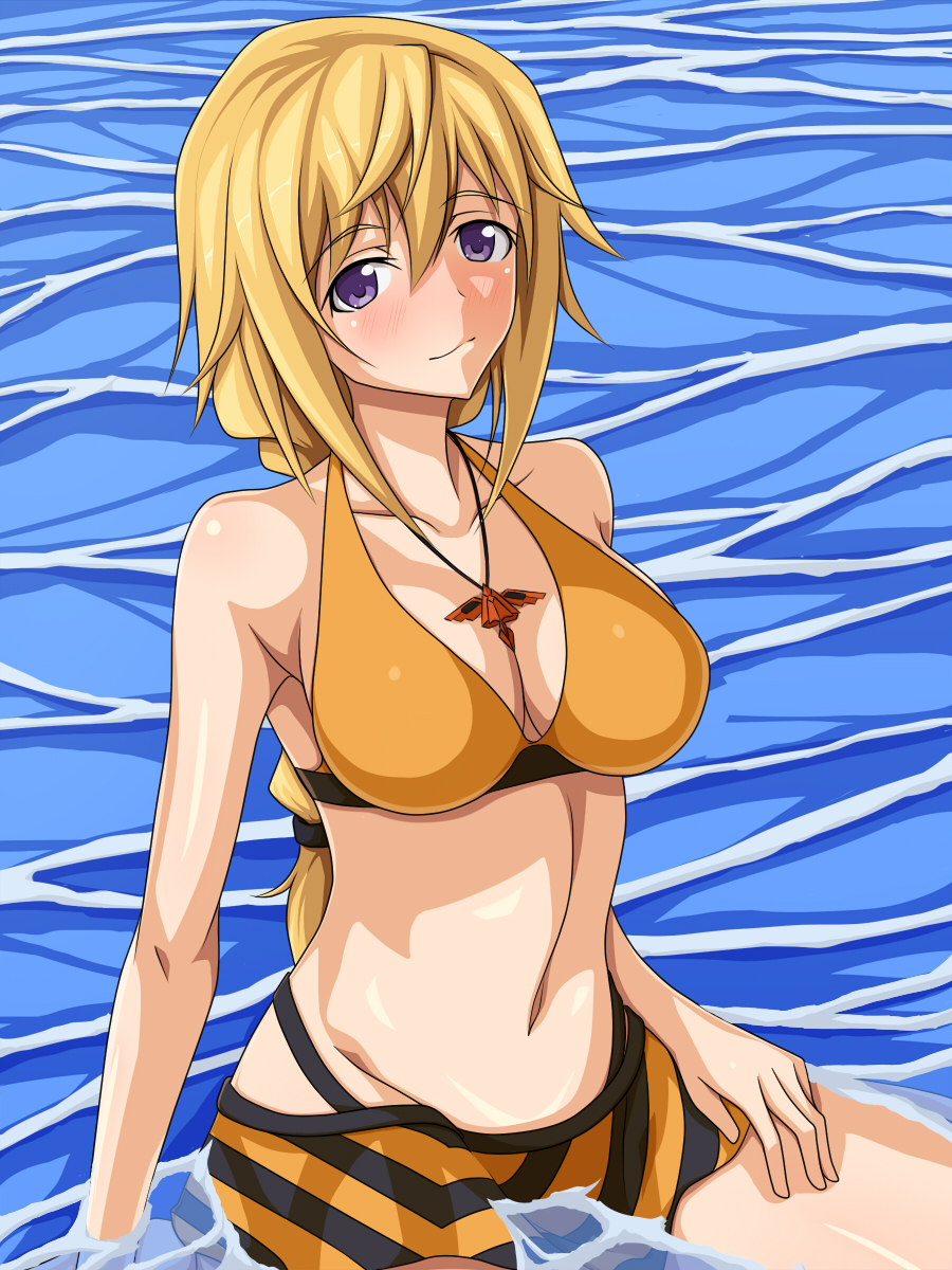 1girl, bare_shoulders, bikini, blonde_hair, blush, body_blush, braid, breasts