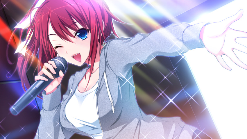 1girl, akino_subaru, blue_eyes, casual, game_cg, hair_ribbon, hatsukoi_1/1, karaoke