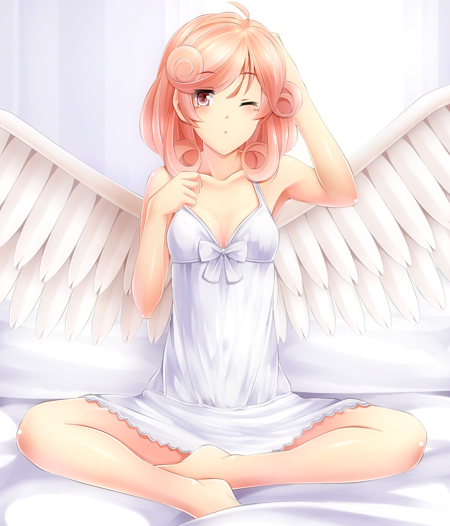 1girl, bed, dress, duel_monster, injection_fairy_lily, komimiyako, one_eye_closed, red_eyes
