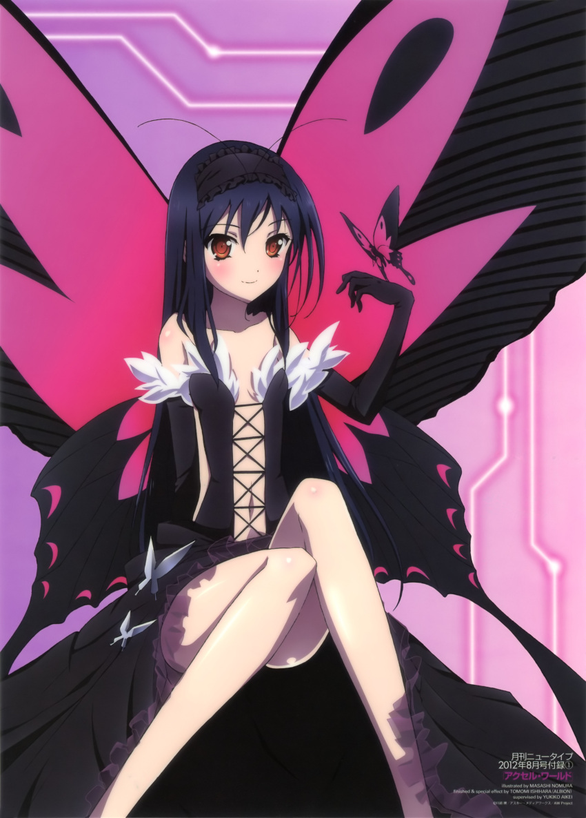 1girl, absurdres, accel_world, antenna_hair, bare_shoulders, black_hair, butterfly, butterfly_wings