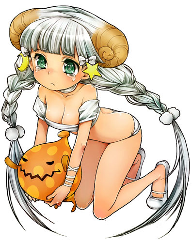 1girl, braid, breasts, character_request, crescent, goat_horns, green_eyes, hair_ornament