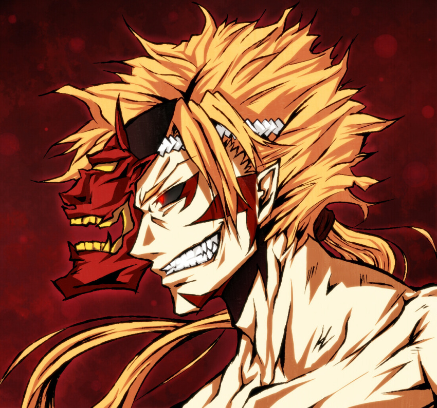 1boy, black_sclera, blonde_hair, clenched_teeth, facial_mark, glowing, glowing_eyes, grin, headband, kajiri_kamui_kagura, long_hair, male_focus, mask, monster_boy, muscle, oni, pointy_ears, ponytail, portrait, profile, red_background, red_eyes, sharp_teeth, simple_background, smile, solo, teeth, tenma_sukuna, topless, upper_body, wind, wrinkles