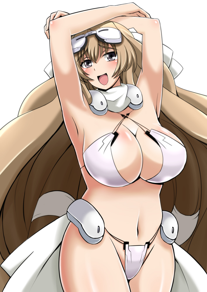 1girl, aoi_kimi, armpits, arms_up, bikini, blush, breasts, brown_hair