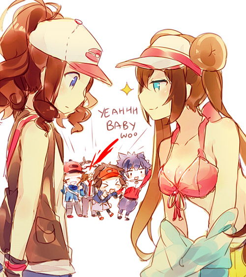 >_<, 10s, 2girls, 4boys, bare_shoulders, baseball_cap, blood, blue_eyes