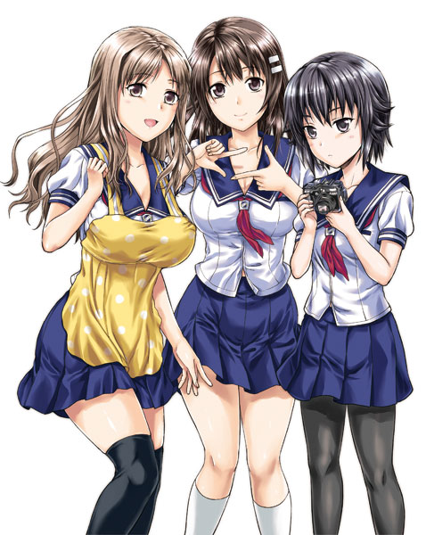 3girls, apron, black_hair, black_legwear, breasts, brown_eyes, brown_hair, camera