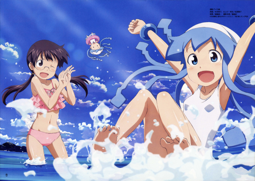 2girls, :d, ;d, absurdres, armpits, arms_up, barefoot, beach, bikini, black_hair, blue_eyes, blue_hair, blush, bracelet, brown_eyes, brown_hair, camisole, chibi, feet, frilled_bikini, frills, glasses, hat, highres, honda_yoshino, ikamusume, innertube, jewelry, long_hair, megami, midriff, mini-ikamusume, multiple_girls, navel, ocean, official_art, one-piece_swimsuit, one_eye_closed, open_mouth, pink_bikini, sakura_kiyomi, scan, shinryaku!_ikamusume, shiny, shiny_skin, smile, soles, splashing, sunlight, swimsuit, tentacle_hair, toes, twintails, water