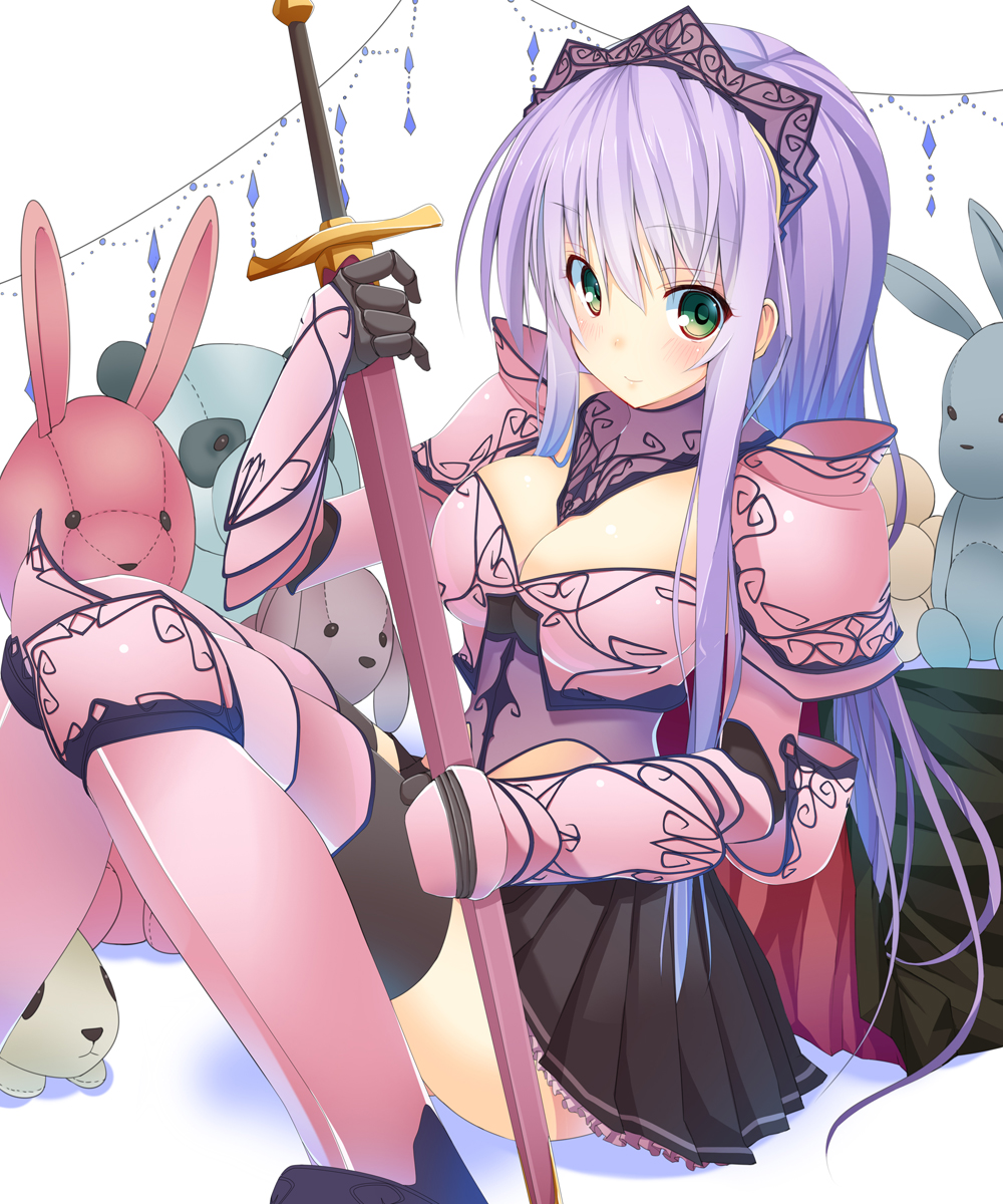 1girl, arm_guards, armor, black_legwear, breastplate, breasts, cape, center_opening