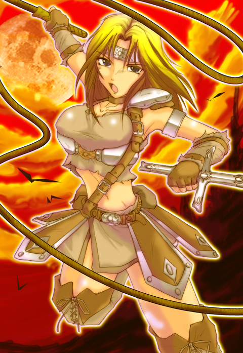 1girl, bird, blonde_hair, breasts, castlevania, clouds, cross, female, fingerless_gloves, genderswap, genderswap_(mtf), gloves, headband, large_breasts, midriff, navel, shirt, sig_(sotokanda_delta_force), simon_belmondo, solo, sword, taut_clothes, taut_shirt, thigh-highs, weapon, whip