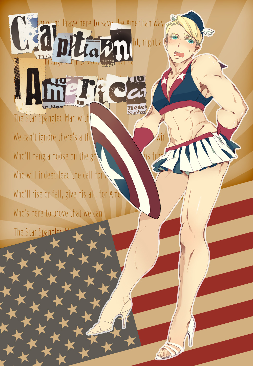 1boy, abs, blonde_hair, blue_eyes, blush, captain_america, captain_america_dancer, captain_america_dancer_(cosplay), crossdressinging, hat, head_wings, high_heels, highres, male_focus, manly, marvel, mcu, midriff, miniskirt, muscle, nsmt, open_shoes, shield, shoes, skirt, solo, steve_rogers