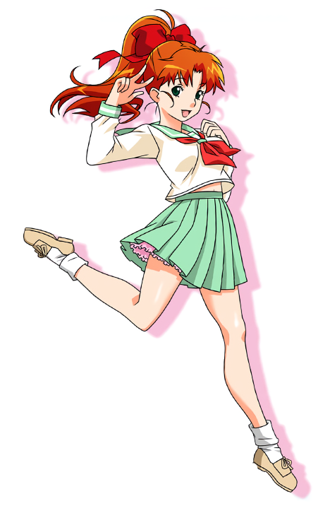 1girl, drop_shadow, full_body, green_eyes, hair_ribbon, high_ponytail, leg_up, loafers