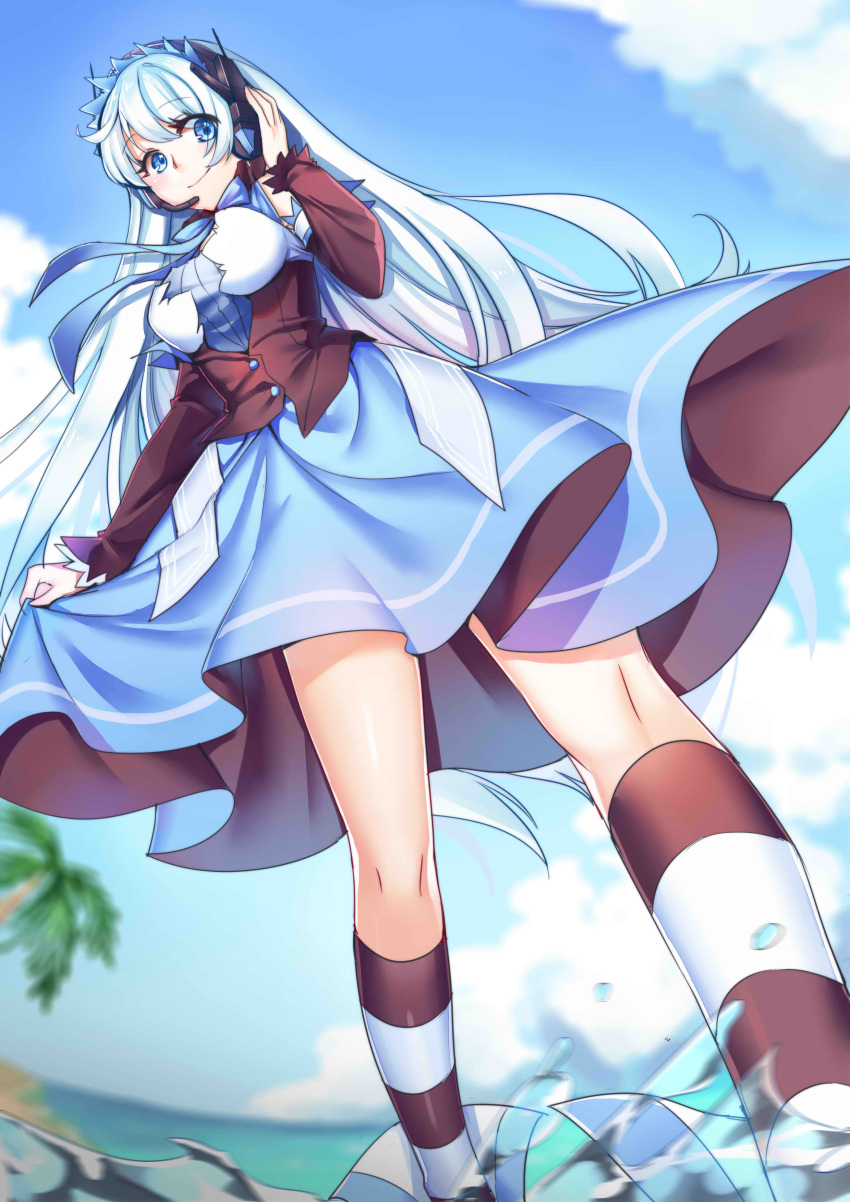 absurdres, aer_(tengqiu), alaska_(zhan_jian_shao_nyu), blue_eyes, blue_hair, blue_skirt, clouds, from_below, highres, holding_skirt, long_hair, long_skirt, long_sleeves, looking_at_viewer, ocean, palm_tree, ribbon, sand, skirt, sky, smile, socks, splashing, striped, striped_legwear, tree, water, zhan_jian_shao_nyu