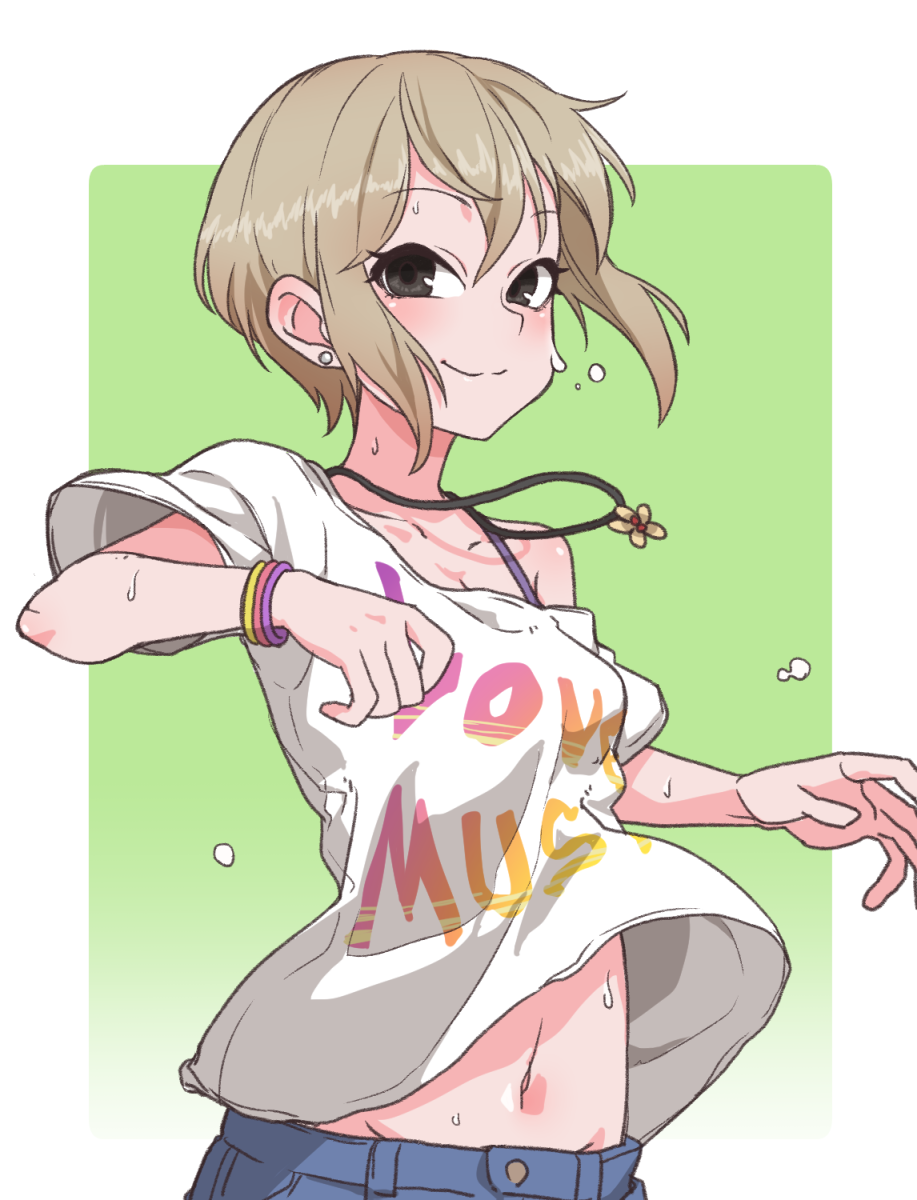 1girl, bare_arms, black_eyes, dripping, earrings, flower, flower_necklace, gazacy_(dai)