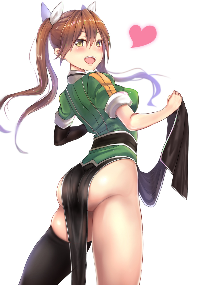 1girl, ass, black_gloves, black_legwear, blush, breasts, brown_hair, commentary_request