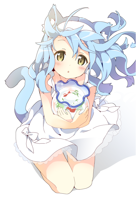 1girl, :o, ahoge, animal_ears, blue_hair, blush, bow, cat_ears