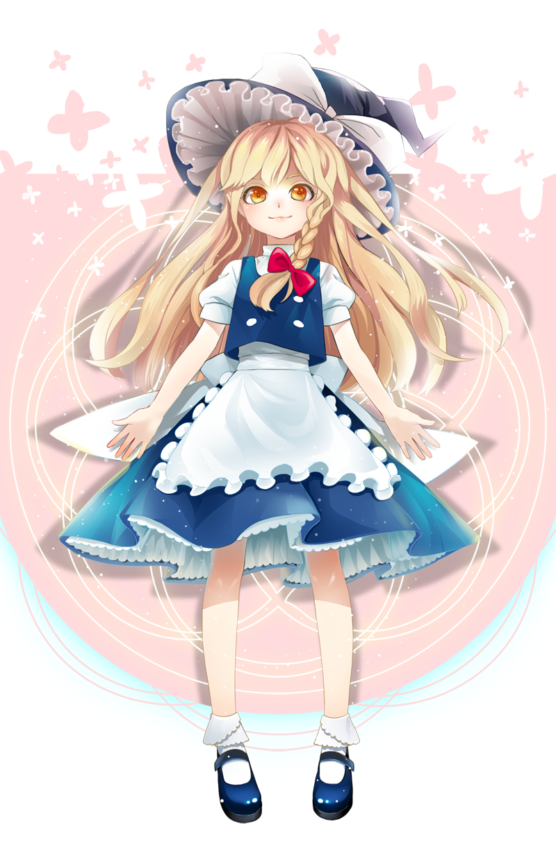 1girl, apron, black_dress, black_hat, black_shoes, blonde_hair, bow, braid, buttons, dress, frilled_dress, frills, hair_bow, hat, hat_bow, highres, huacai, kirisame_marisa, long_hair, mary_janes, puffy_short_sleeves, puffy_sleeves, red_bow, shirt, shoes, short_sleeves, side_braid, single_braid, smile, socks, solo, touhou, waist_apron, white_bow, white_legwear, white_shirt, witch_hat, yellow_eyes