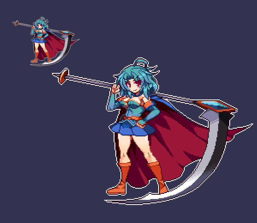 >:), 1girl, arm_guards, aru_(brave_dungeon), bangs, belt, belt_buckle, blue_background