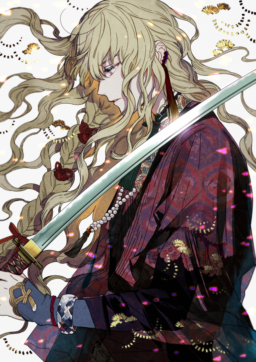 androgynous, bangle, bangs, bead_necklace, beads, blonde_hair, bracelet, braid
