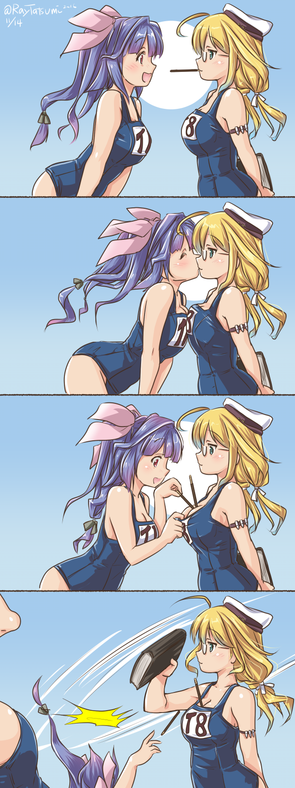 2girls, 4koma, :d, ahoge, between_breasts, blonde_hair, blue_eyes, blue_hair