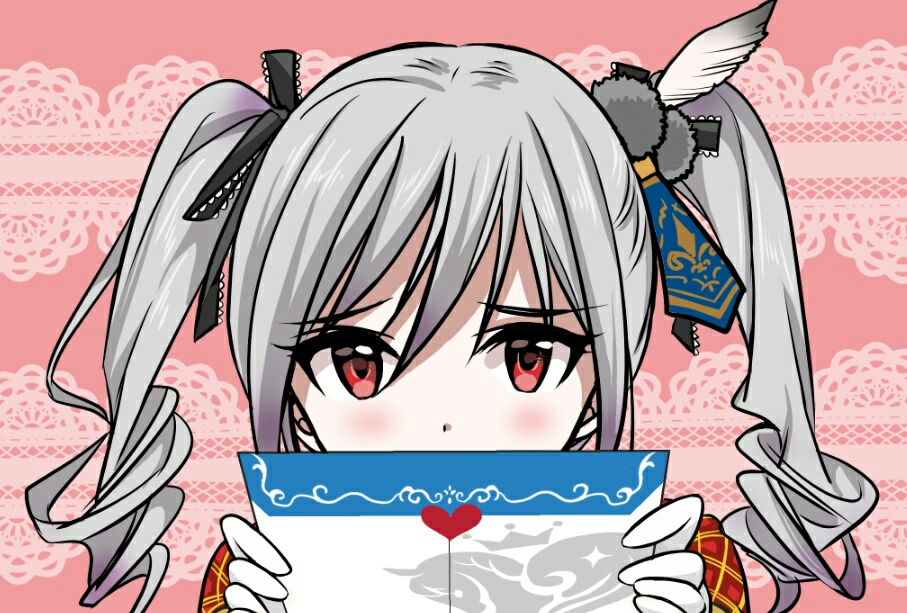 1girl, black_ribbon, blonde_hair, commentary_request, drill_hair, eyebrows, eyebrows_visible_through_hair, feathers, grey_hair, hair_between_eyes, hair_feathers, hair_ribbon, idolmaster, idolmaster_cinderella_girls, kanzaki_ranko, kuro_nikukyuu, letter, long_hair, looking_at_viewer, love_letter, red_eyes, ribbon, solo, twin_drills