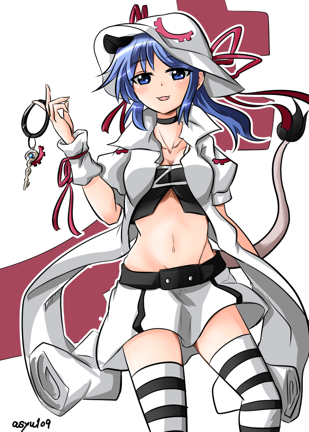 1girl, alternate_costume, animal_ears, blue_eyes, blue_hair, cosplay, doremy_sweet, hat, highres, merry_nightmare_(cosplay), midriff, navel, open_mouth, oshiaki, short_hair, skirt, smile, solo, striped, striped_legwear, tail, tapir_ears, tapir_tail, thigh-highs, touhou, yumekui_merry