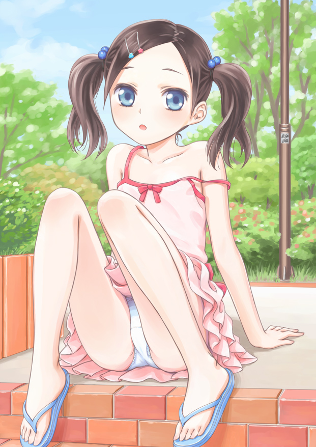 1girl, ass, blue_eyes, blue_sky, check_commentary, commentary_request, day, dktaka, full_body, hair_bobbles, hair_ornament, hair_tie, hairclip, heart_hair_ornament, layered_skirt, looking_at_viewer, original, outdoors, panties, pantyshot, pantyshot_(sitting), pink_skirt, pleated_skirt, sandals, short_twintails, sitting, skirt, sky, solo, star, star_hair_ornament, strap_slip, tree, twintails, underwear, upskirt, white_panties