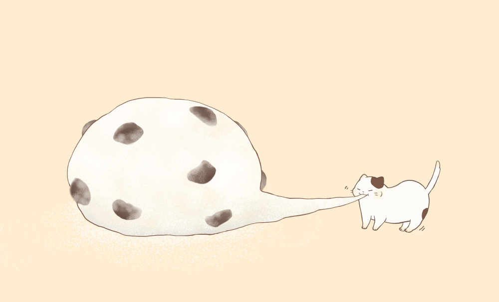 cat, closed_eyes, commentary, eating, mame_daifuku_(food), no_humans, original, oversized_object