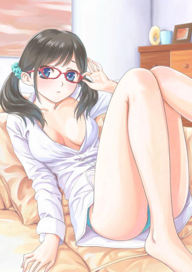 adjusting_glasses, ass, barefoot, bedroom, black_hair, blue_eyes, blue_panties, breasts
