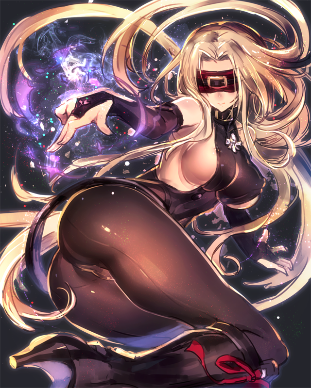 1girl, ass, back-seamed_legwear, bare_shoulders, black_legwear, blindfold, blonde_hair, blush