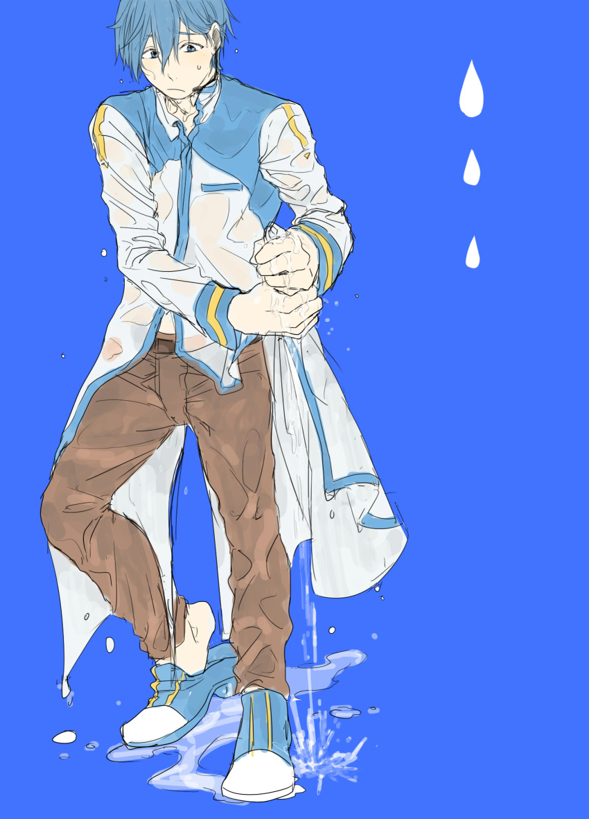 1boy, belt, blue_background, blue_eyes, brown_pants, creamyya, eyebrows, eyebrows_visible_through_hair