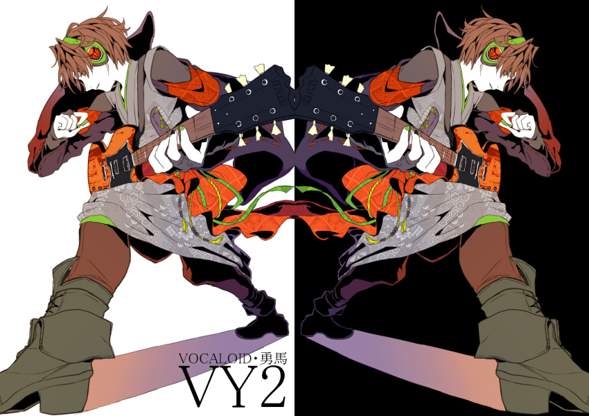 1boy, boots, brown_eyes, brown_hair, character_name, copyright_name, creamyya, dual_wielding