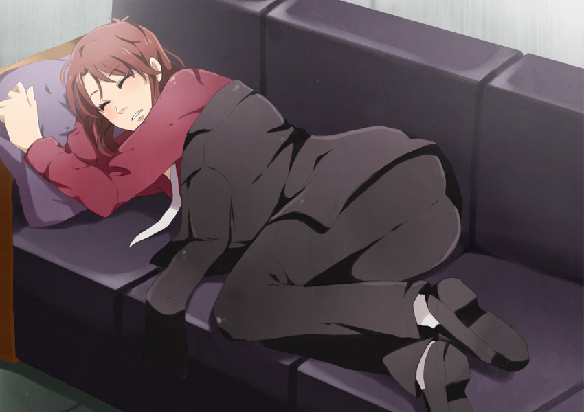 1boy, brown_hair, closed_eyes, couch, ichijou_(kaiji), jacket, jacket_removed, kaiji