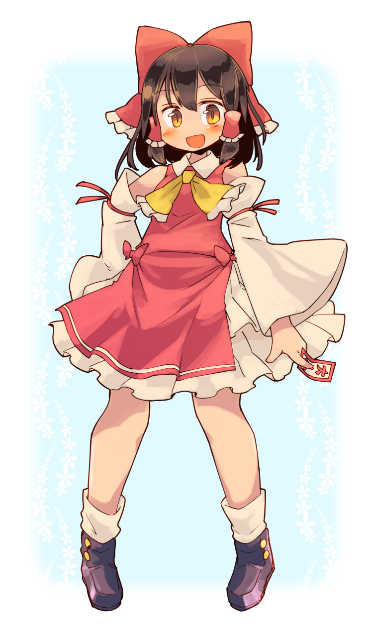 1girl, aqua_background, ascot, bare_shoulders, black_hair, blush, bow, brown_eyes
