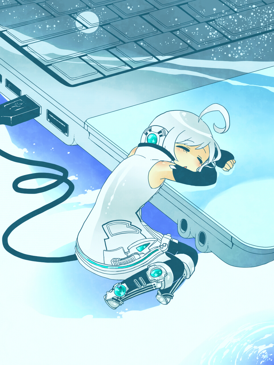 1boy, ahoge, android, bare_shoulders, blush, closed_eyes, computer, creamyya
