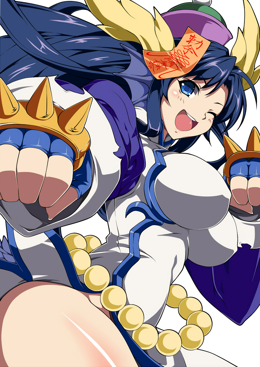 1girl, blue_eyes, blue_gloves, blue_hair, blush, breasts, china_dress, chinese_clothes