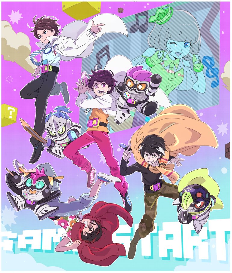 1girl, 5boys, ?_block, beamed_semiquavers, belt, brown_hair, chibi, dan_kuroto