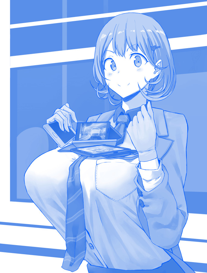 1girl, blue, breasts, cellphone, gloves, hair_ornament, hairclip, heart_hair_ornament, himura_kiseki_(style), huge_breasts, looking_at_viewer, monochrome, narusawa_ryouka, necktie, noccu, object_on_breast, occultic;nine, parody, phone, pokent, short_hair, smartphone, smile, solo, style_parody, tawawa_challenge, too_many