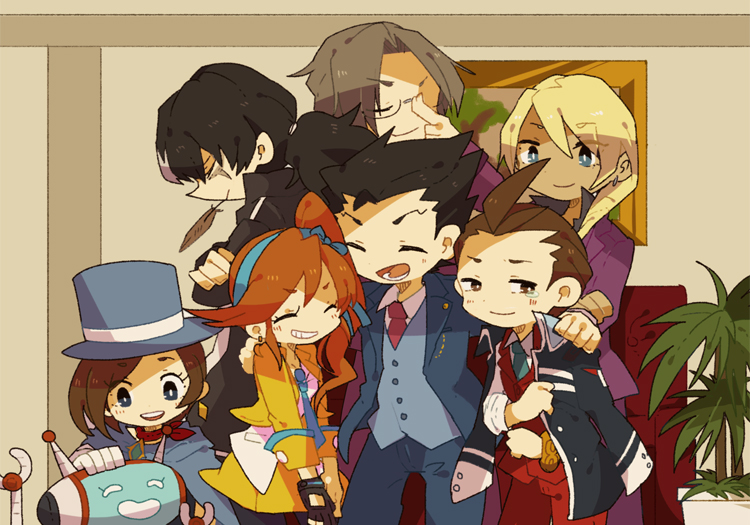 black_hair, black_legwear, blonde_hair, blue_eyes, blue_hat, blue_necktie, brown_eyes, brown_hair