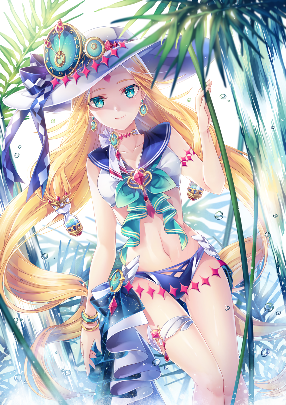 1girl, bikini, blonde_hair, blue_eyes, choker, clock, droplet, earrings