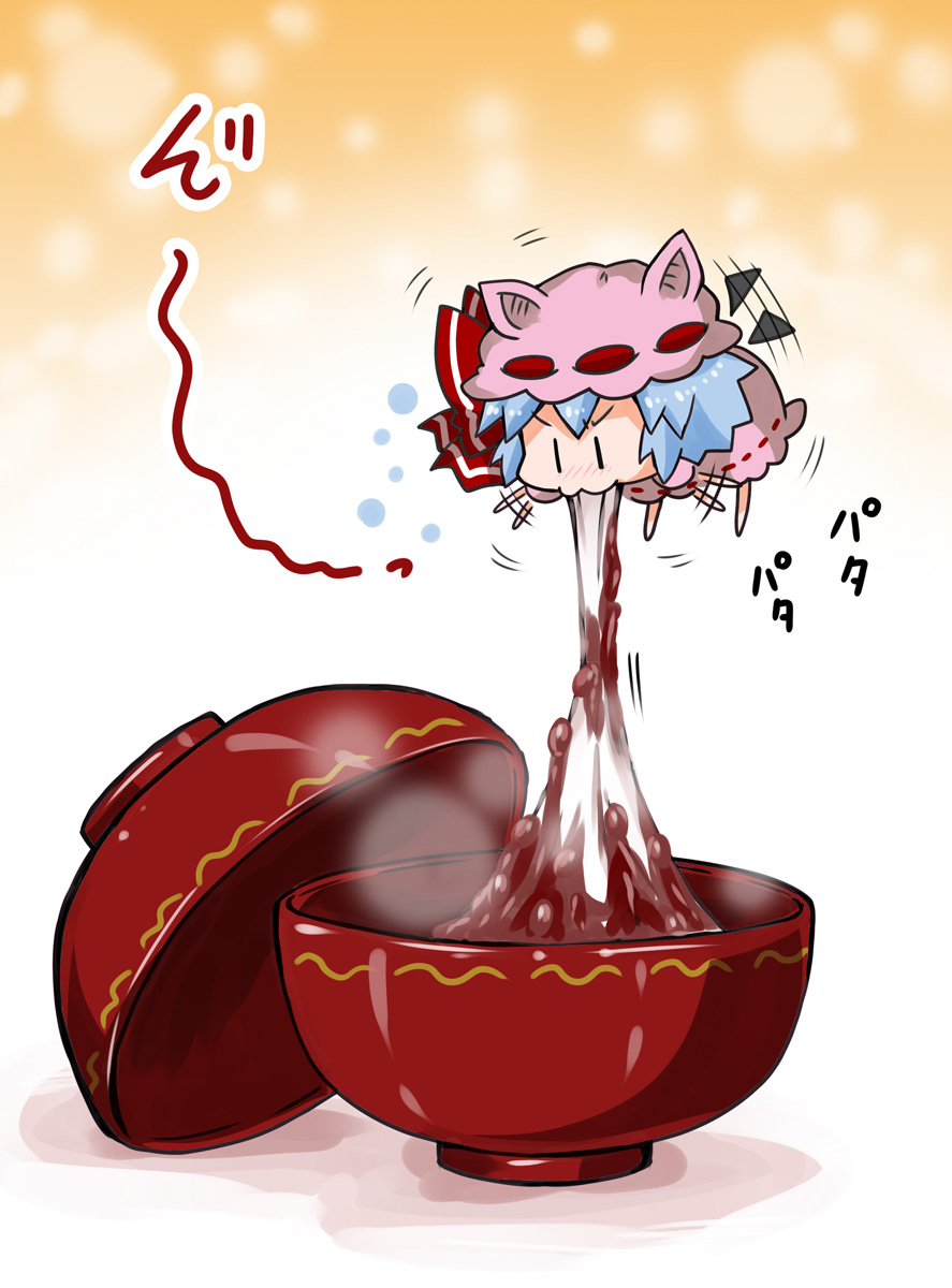 >=3, 1girl, bat_ears, bat_wings, blue_hair, blush, bow, bowl