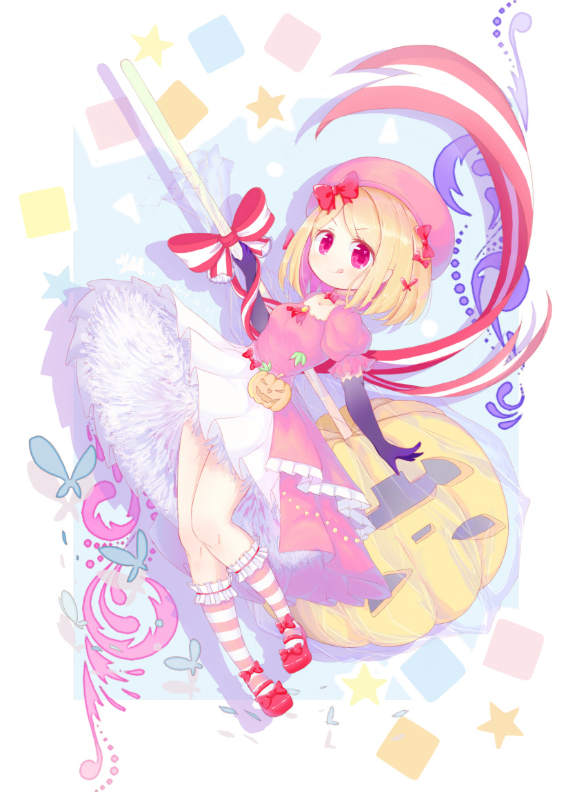 1girl, :q, benmiaobituona, black_gloves, blonde_hair, bow, butterfly, candy, dress, elbow_gloves, food, gloves, hair_bow, hat, highres, jack-o'-lantern, kneehighs, lambdadelta, lollipop, mary_janes, oversized_object, red_eyes, shoes, star, striped, striped_legwear, tongue, tongue_out, umineko_no_naku_koro_ni