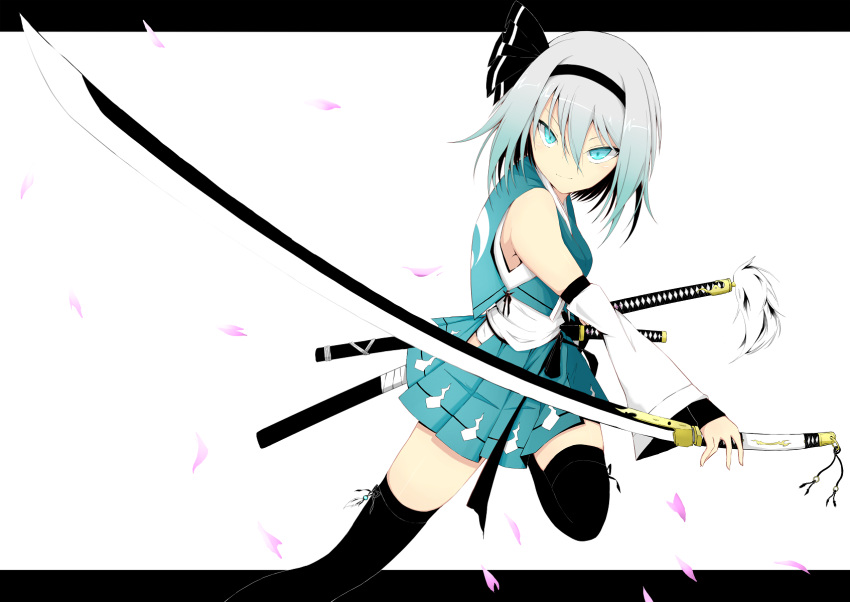 1girl, black_legwear, black_ribbon, blue_eyes, cherry_blossoms, detached_sleeves, hair_between_eyes, hair_ribbon, hakama_skirt, highres, holding, holding_sword, holding_weapon, katana, konpaku_youmu, long_hair, looking_at_viewer, one_leg_raised, ribbon, shinotsuku, silver_hair, smile, solo, suiu_shinotsuku, sword, thigh-highs, touhou, weapon