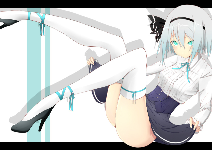 1girl, ankle_ribbon, aqua_eyes, black_ribbon, black_skirt, blue_ribbon, grey_hair, hair_between_eyes, hair_ribbon, high_heels, highres, konpaku_youmu, looking_at_viewer, neck_ribbon, no_panties, ribbon, ribbon-trimmed_legwear, ribbon_trim, shinotsuku, shirt, short_hair, sitting, skirt, skirt_hold, solo, suiu_shinotsuku, thigh-highs, touhou, white_legwear, white_shirt