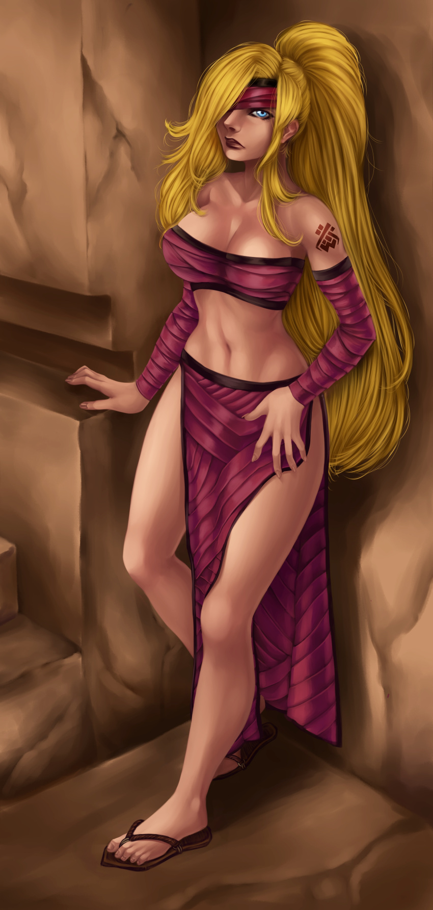 1girl, bandage, bare_shoulder, blonde, blue_eyes, hair_over_one_eye, large_breasts, long_hair